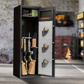 Large Gun Safe Cabinet With 3 Pistol Pouches, Heavy Duty Biometric Fingerprint Lock, Rifle Gun Safe With Adjustable Stand